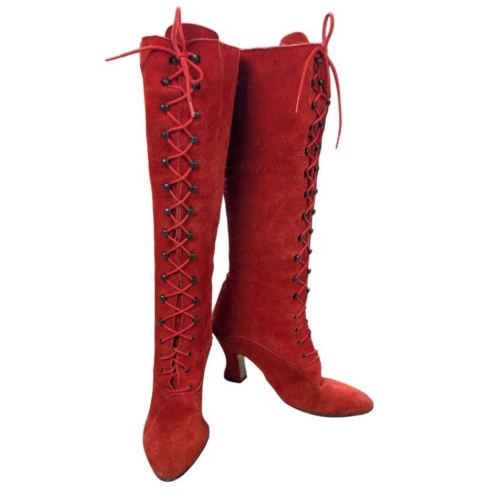 Vintage 1960s red suede lace up gogo go go boots victorian 1970s 70s 60s knee